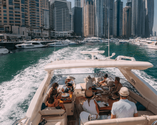 People enjoying the open-air seating on the yacht’s back deck, with panoramic views of the Dubai Marina skyline. People enjoying the open-air seating on the yacht’s back deck, with panoramic views of the Dubai Marina skyline.